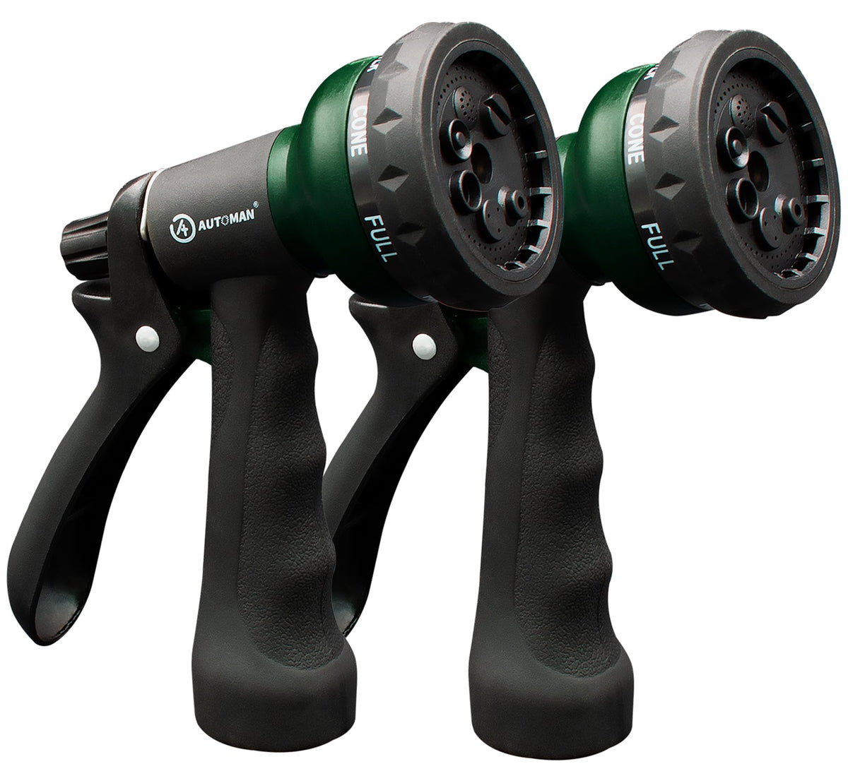 AUTOMAN garden nozzle showing seven pattern options for versatile watering