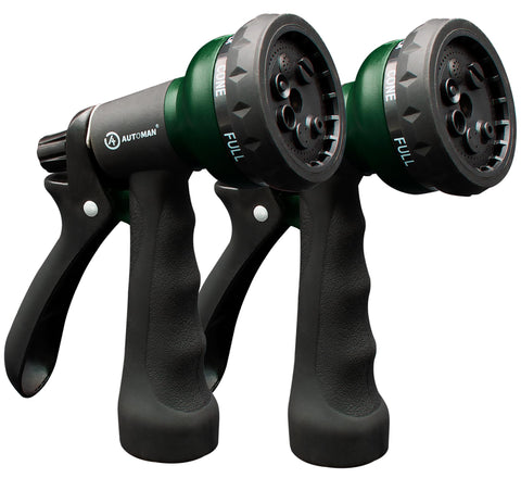 AUTOMAN garden nozzle showing seven pattern options for versatile watering