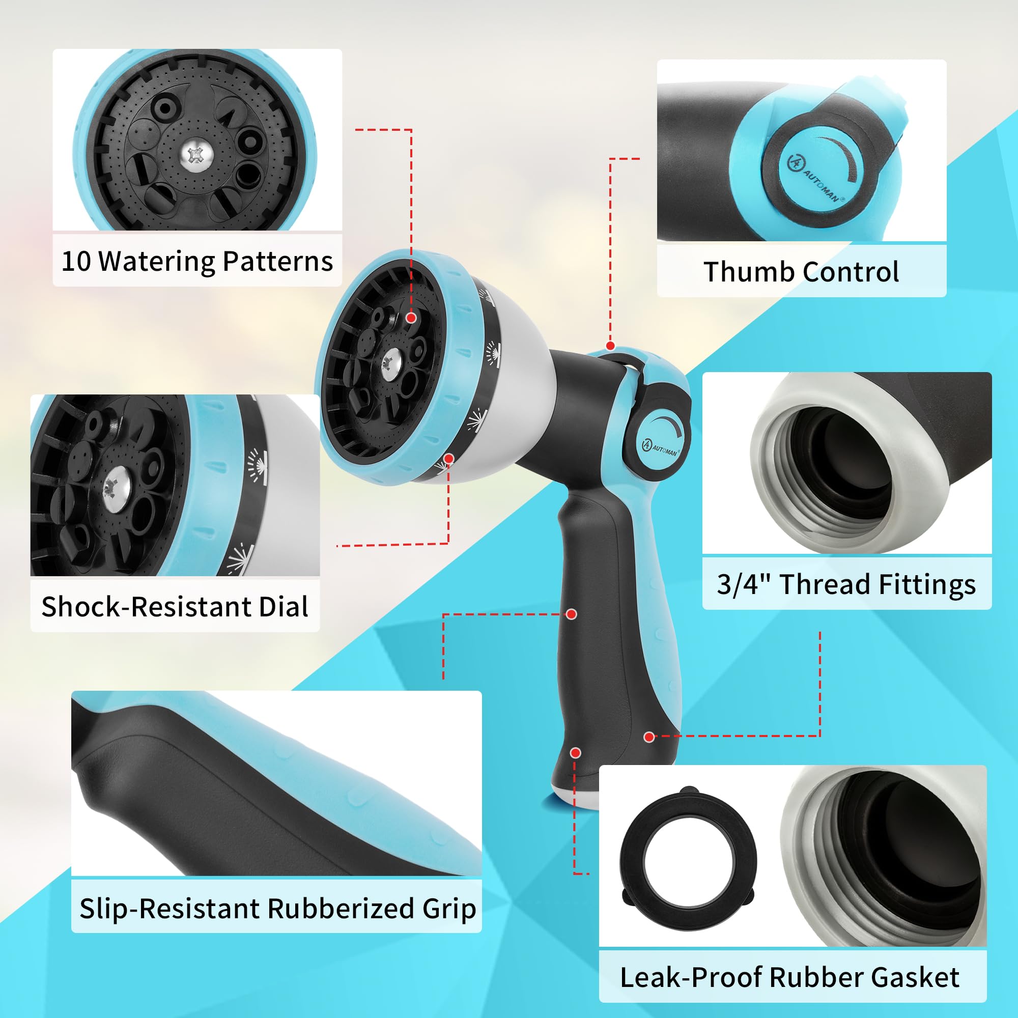 AUTOMAN metal construction highlights durable, corrosion-resistant nozzle.