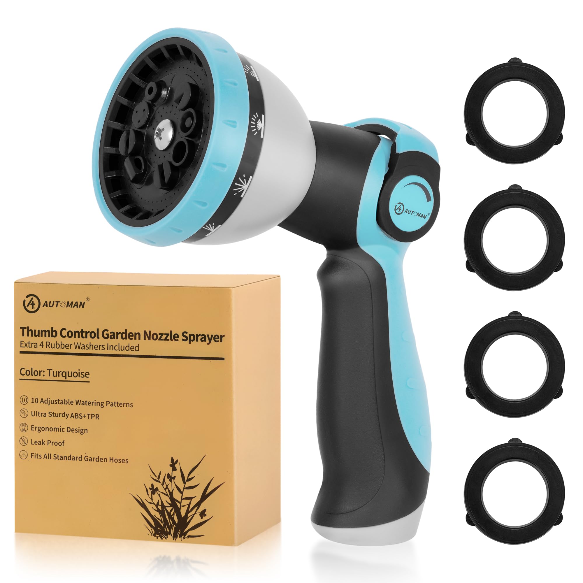 AUTOMAN garden nozzle with thumb control for comfortable watering.