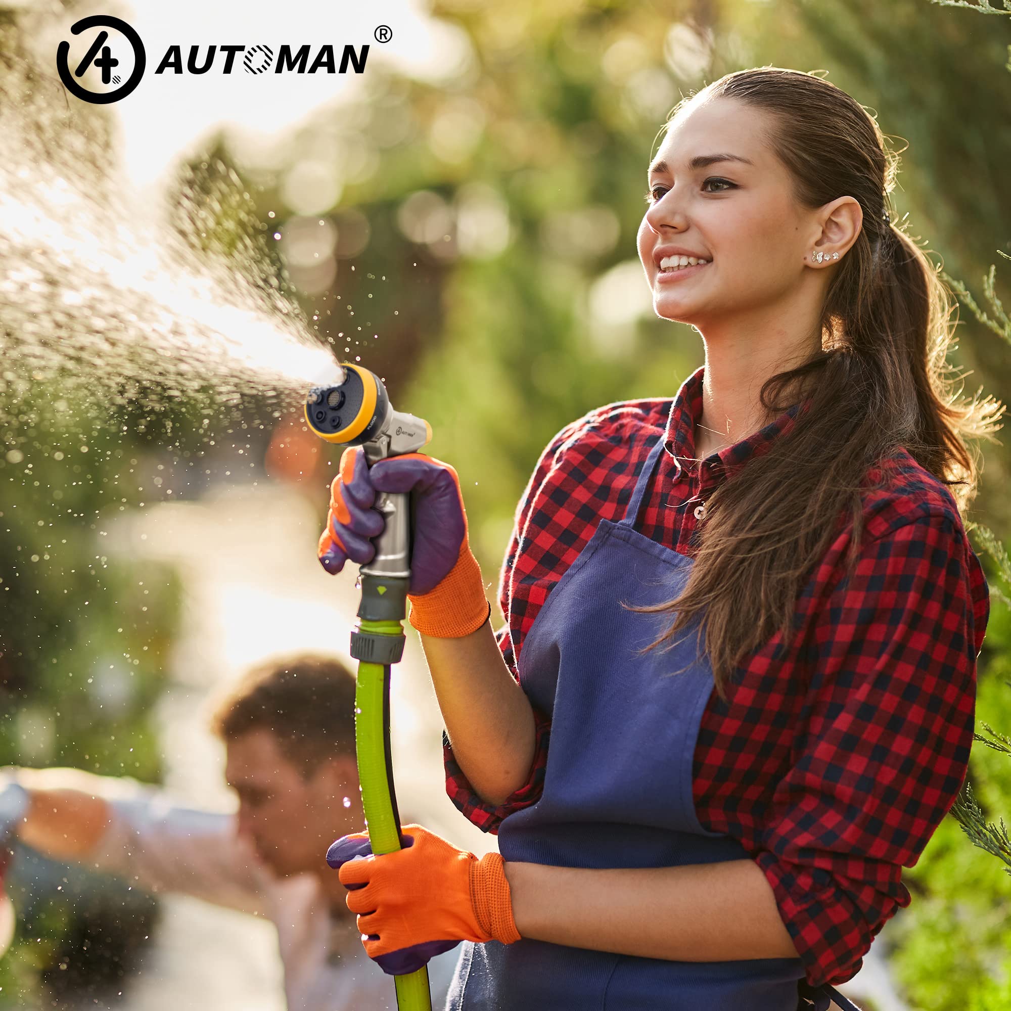 AUTOMAN garden nozzle suited for watering plants, washing cars, and patio cleaning.