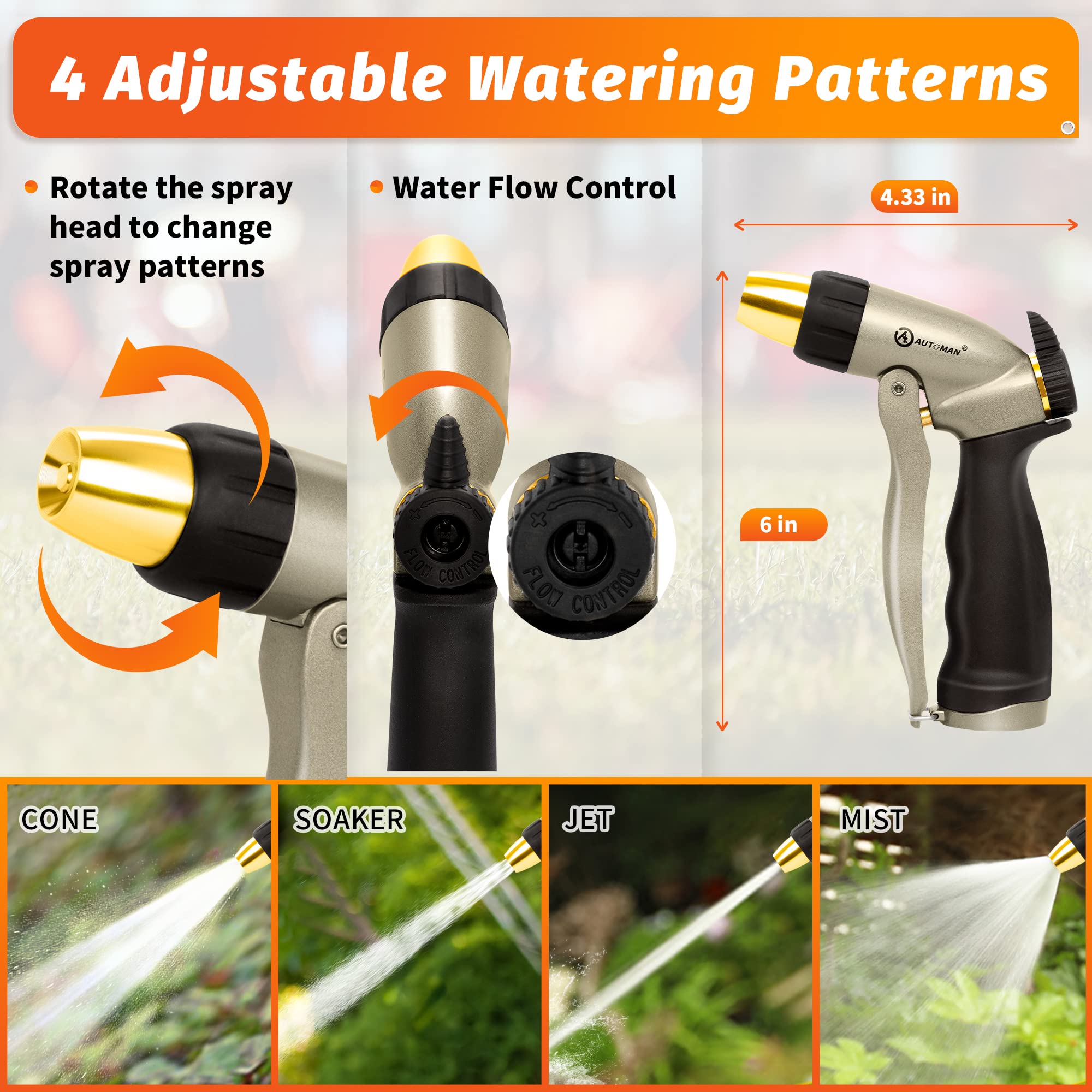 AUTOMAN high-pressure brass spray head enables versatile watering and cleaning.