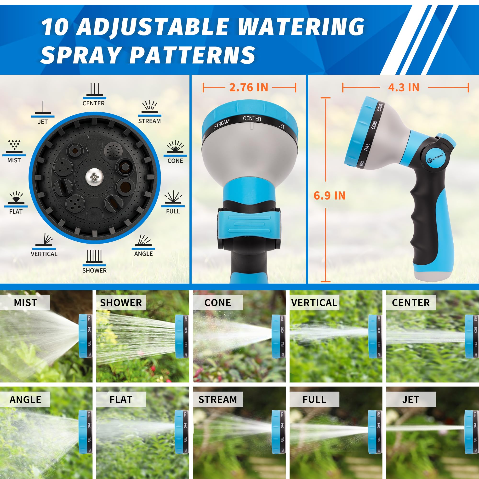 Powerful jet and gentle shower patterns for cars, windows, and plants