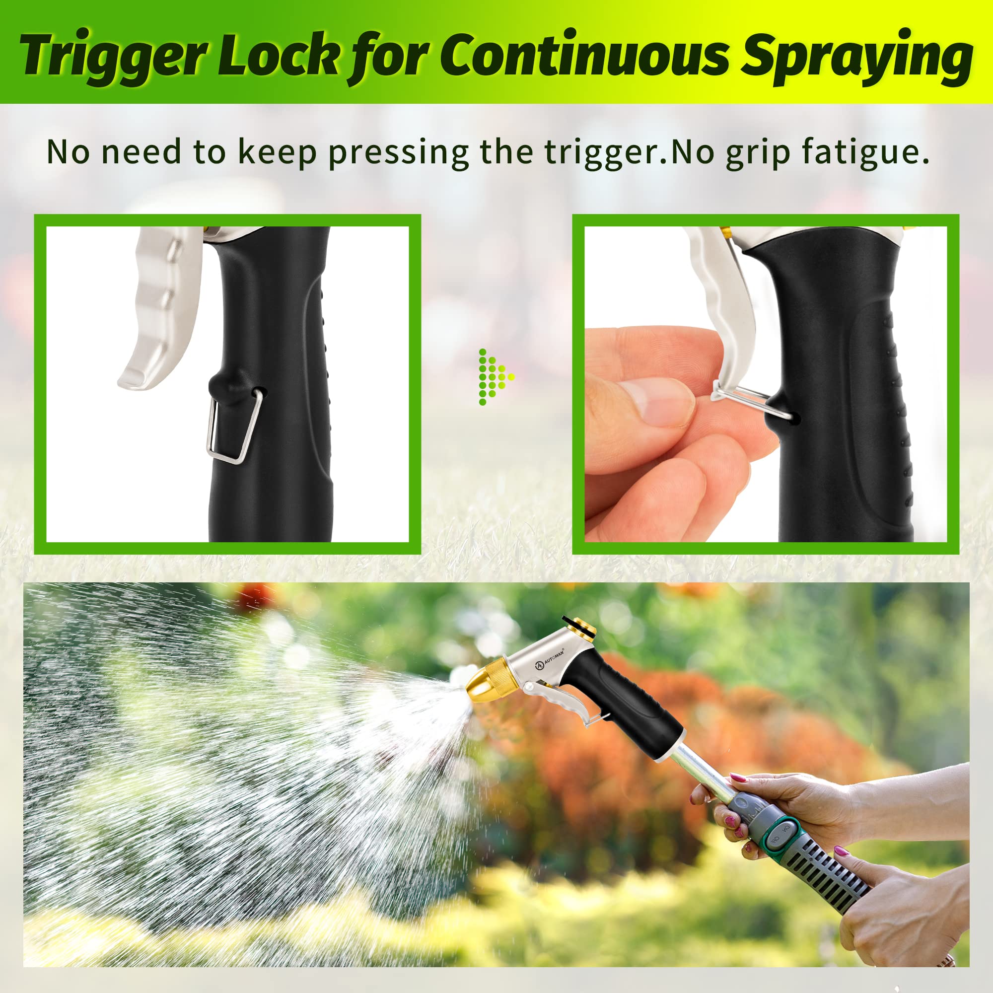 AUTOMAN metal hose nozzle ergonomic grip for comfortable extended use.