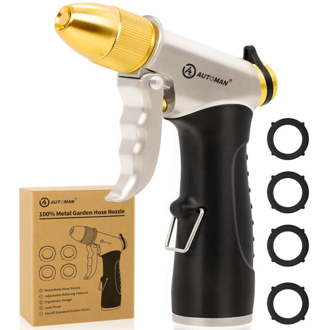 AUTOMAN metal hose nozzle jet pattern for powerful, long-reach watering.