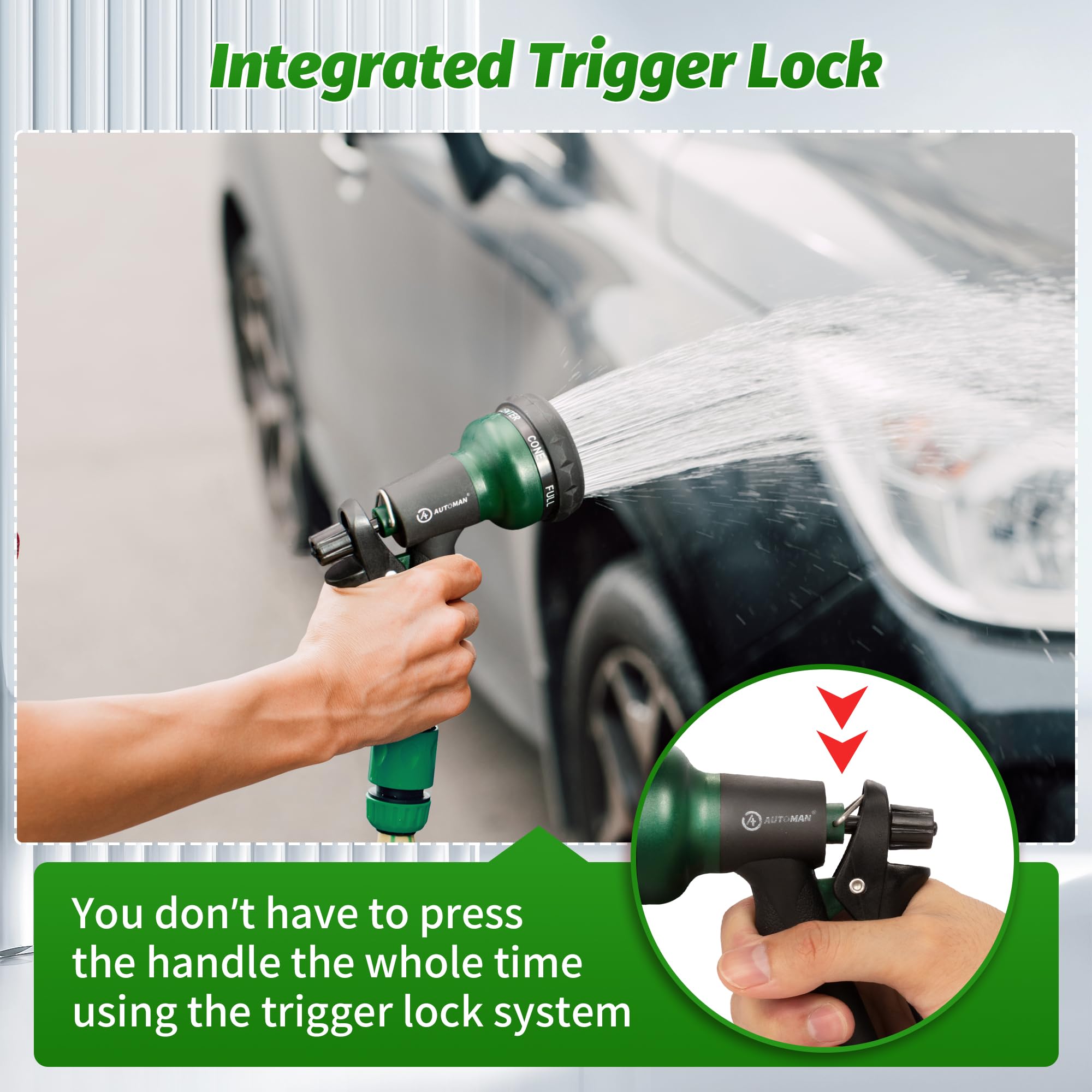 AUTOMAN lock-on handle design reduces hand strain during extended spraying.