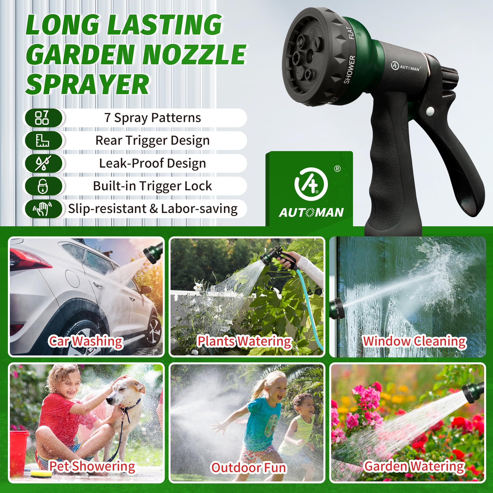 AUTOMAN nozzle used for pet washing and outdoor cleaning routines.