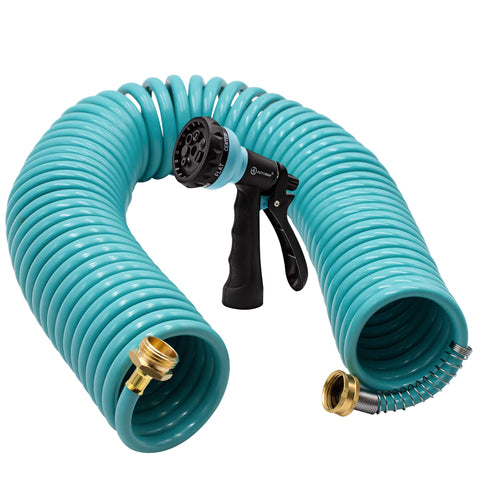 AUTOMAN recoil hose 50ft coil demonstrates compact storage and flexible watering