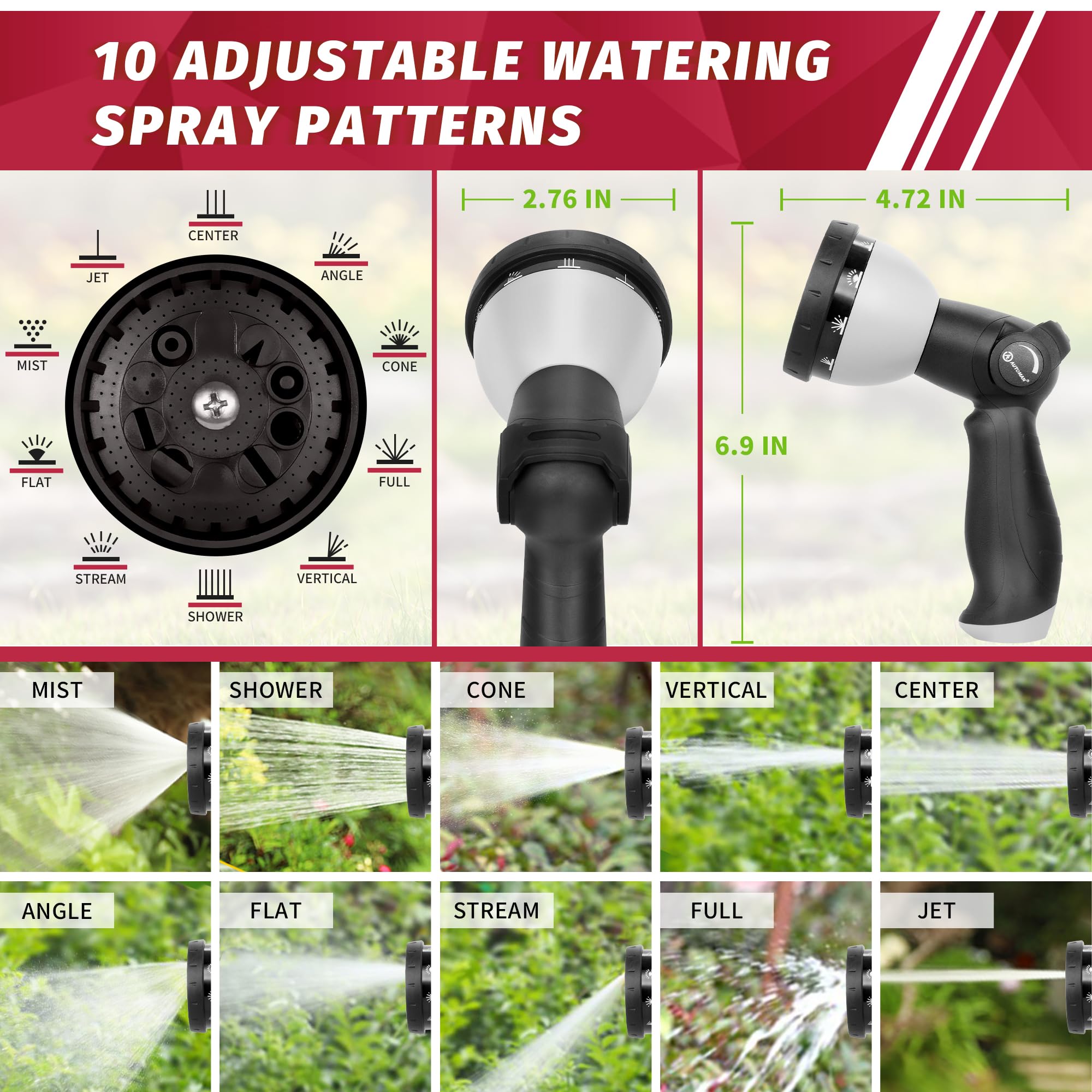 AUTOMAN garden nozzle shows thumb control flow for precise water adjustment.