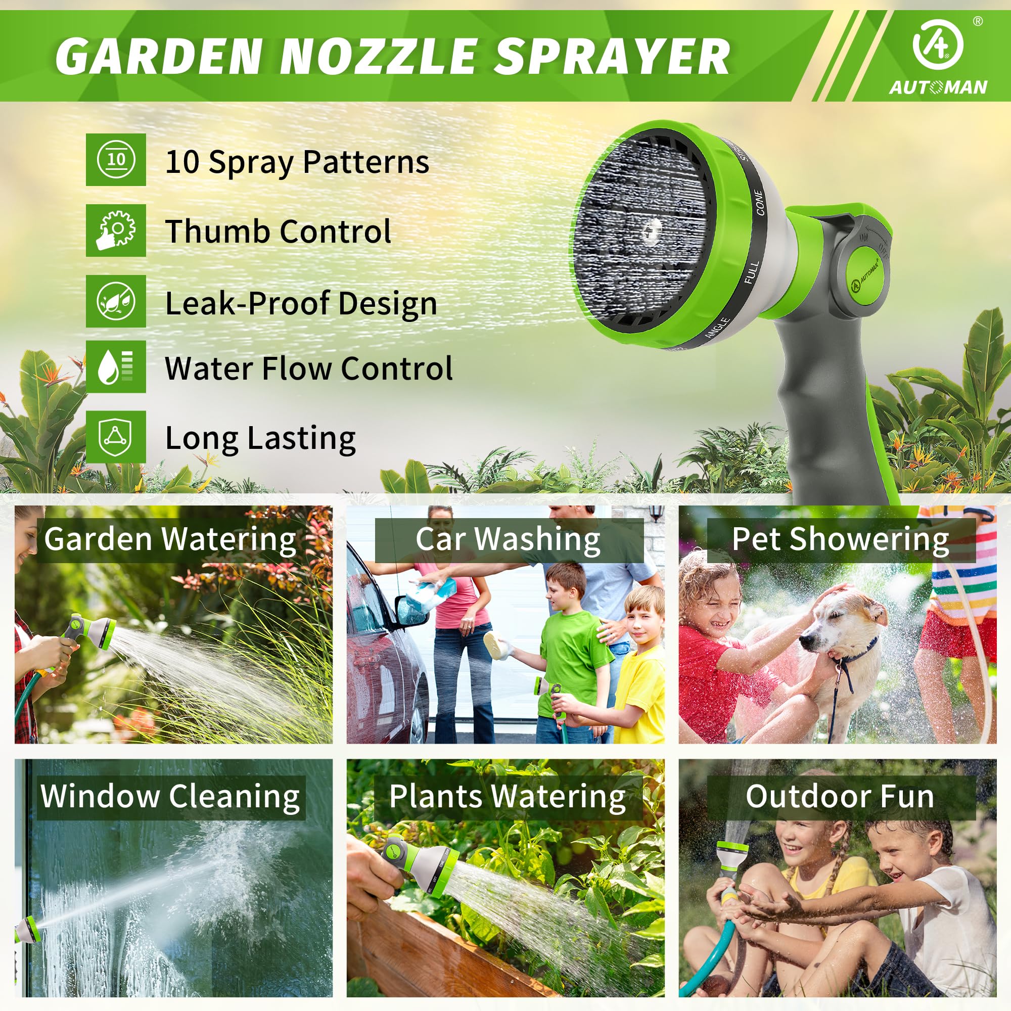 AUTOMAN thumb control nozzle dial showing 10 spray patterns for versatile watering.