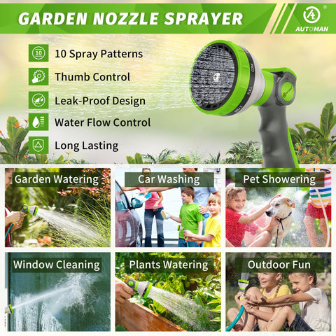 AUTOMAN thumb control nozzle dial showing 10 spray patterns for versatile watering.