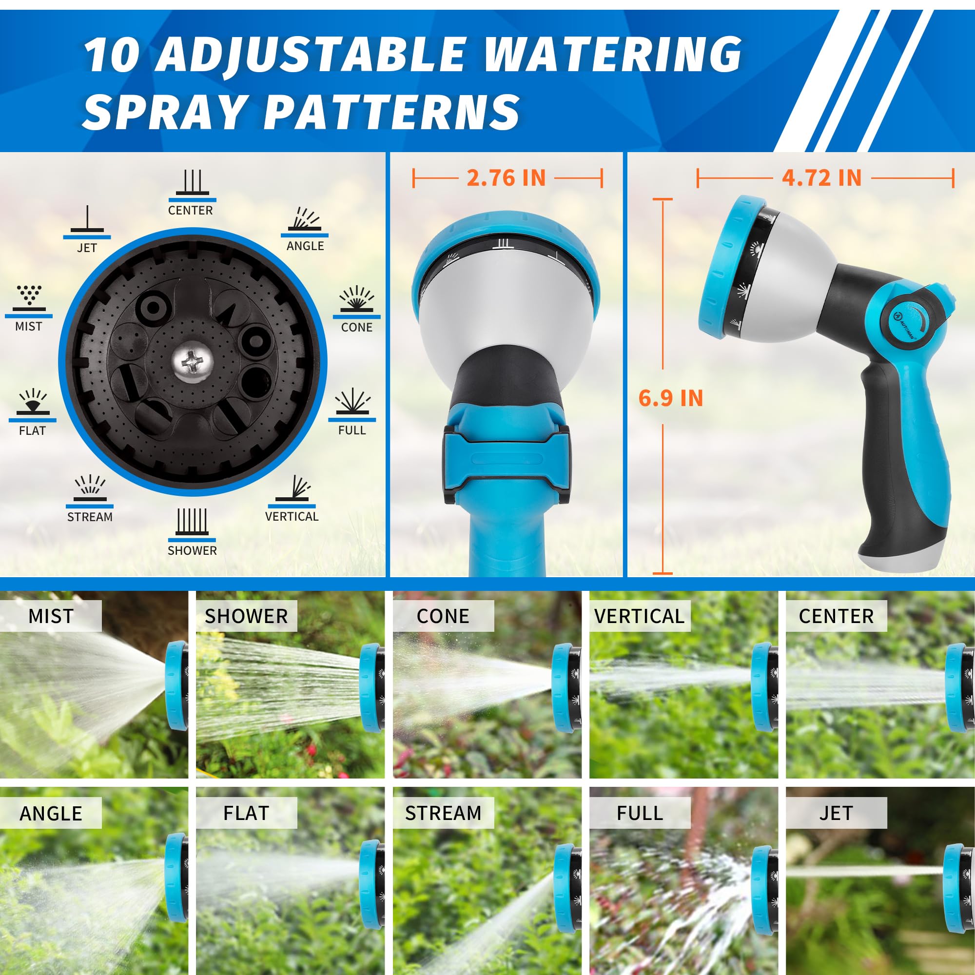 AUTOMAN Thumb Flow Control highlights easy water adjustment during gardening tasks.