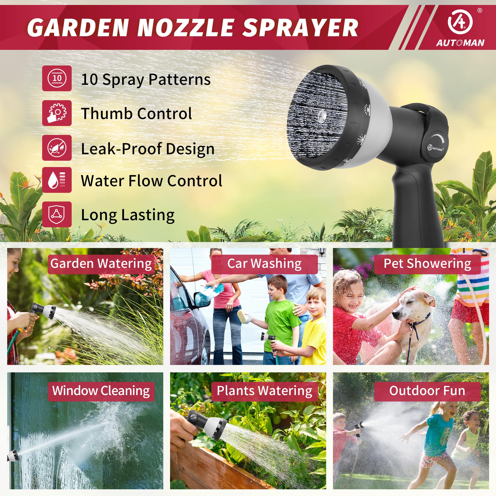 AUTOMAN nozzle suitable for watering plants, cars, windows, and patios.