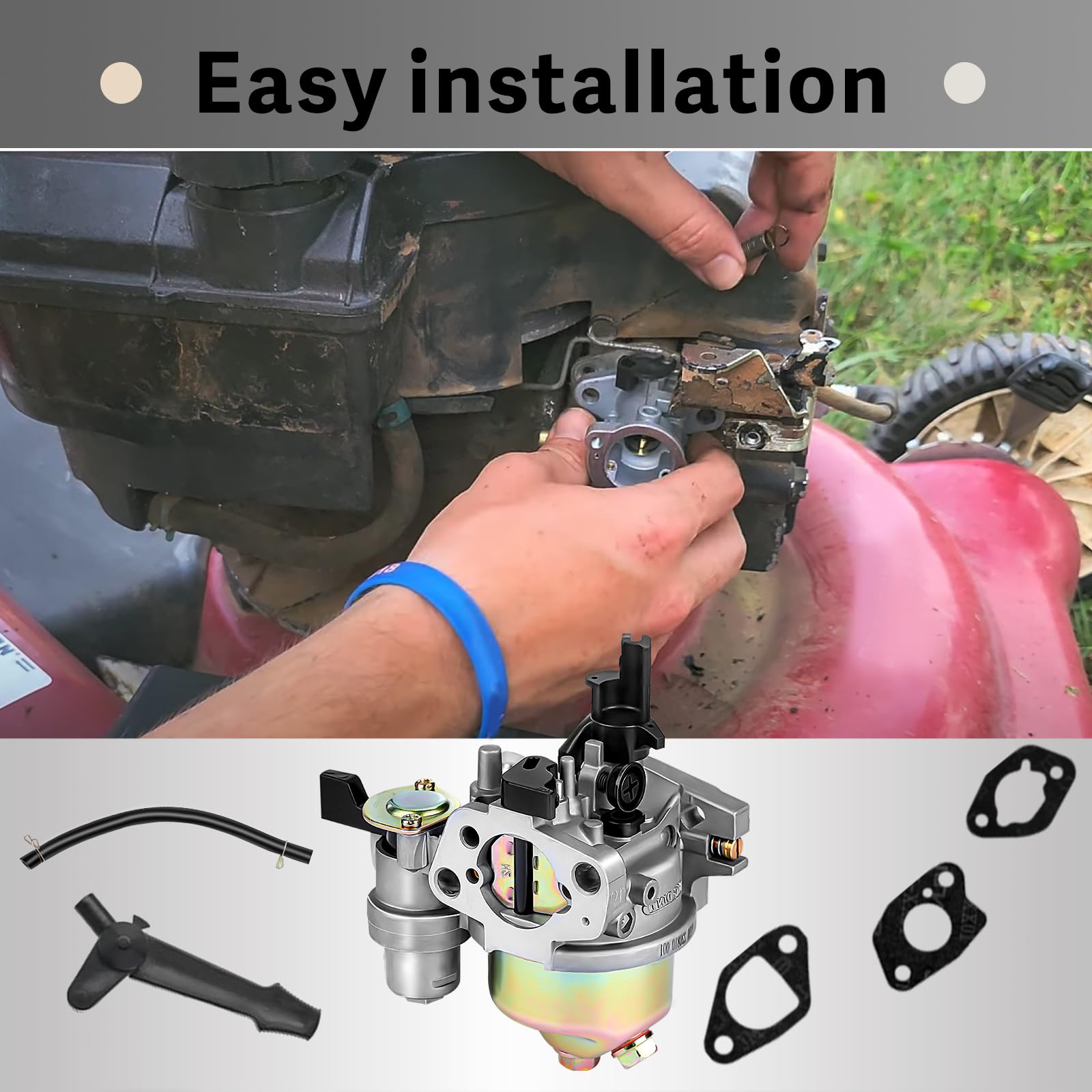 Automost carburetor package includes fuel line and mounting gaskets.