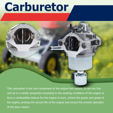 Carburetor assembly mounted on lawn mower engine with tools nearby.