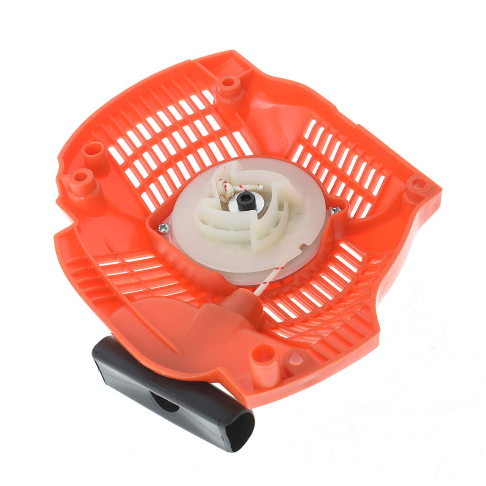 Autoparts recoil starter pull assembly close-up reveals sturdy materials and precise build.
