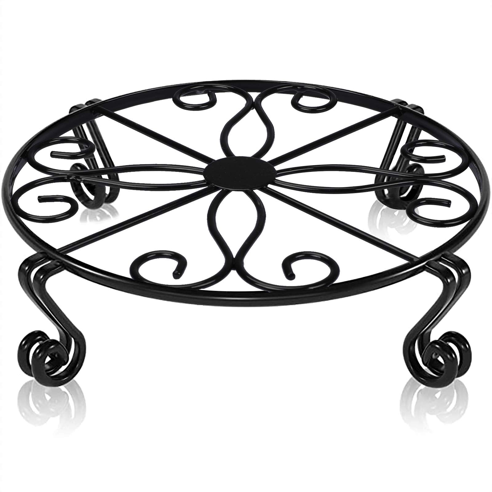 Autopromake black plant stand outdoors with stable, large pots.