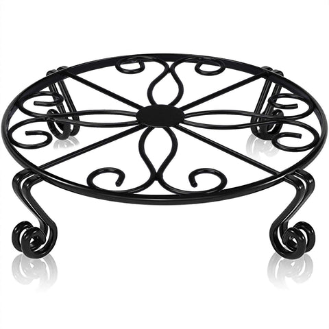 Autopromake black plant stand outdoors with stable, large pots.