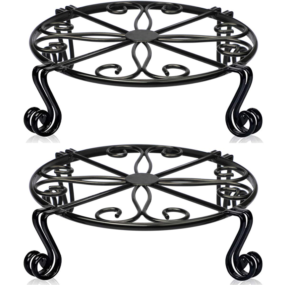 Autopromake black round plant stand with heavy-duty frame provides sturdy indoor or outdoor support.