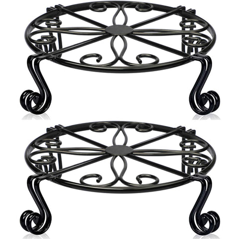 Autopromake black round plant stand with heavy-duty frame provides sturdy indoor or outdoor support.