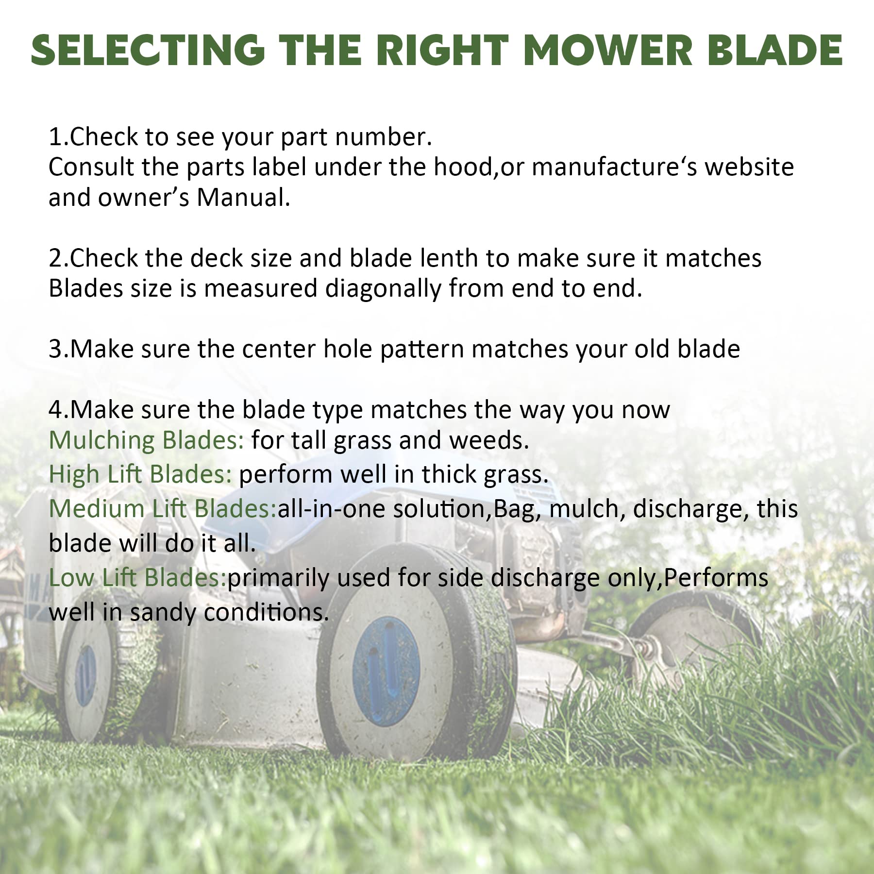 Autsurles blades install easily with curved side up for quick mowing