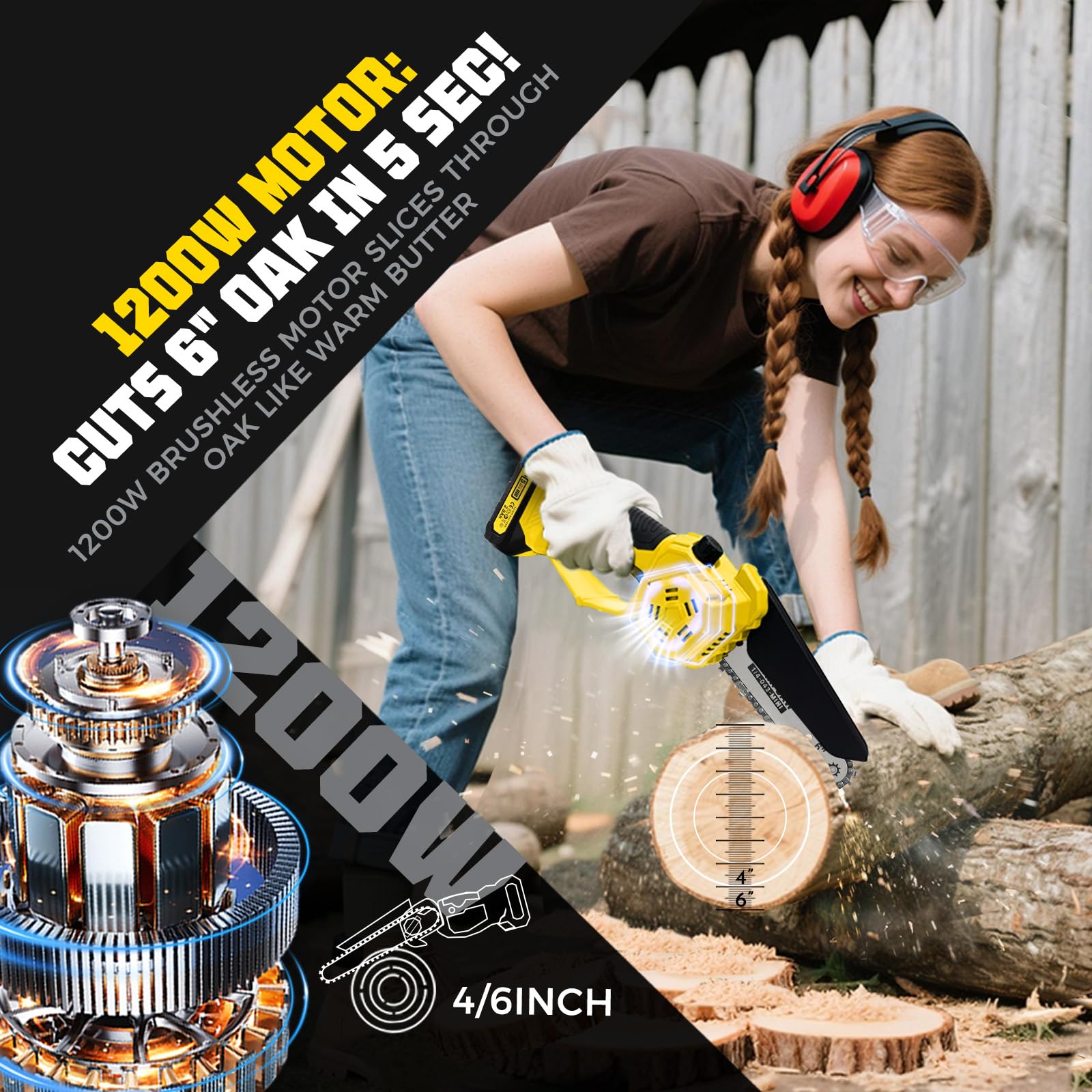 Autubin 1200W brushless motor powering fast cuts on thick branches.