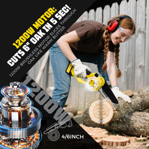 Autubin 1200W brushless motor delivers fast cuts through thick branches