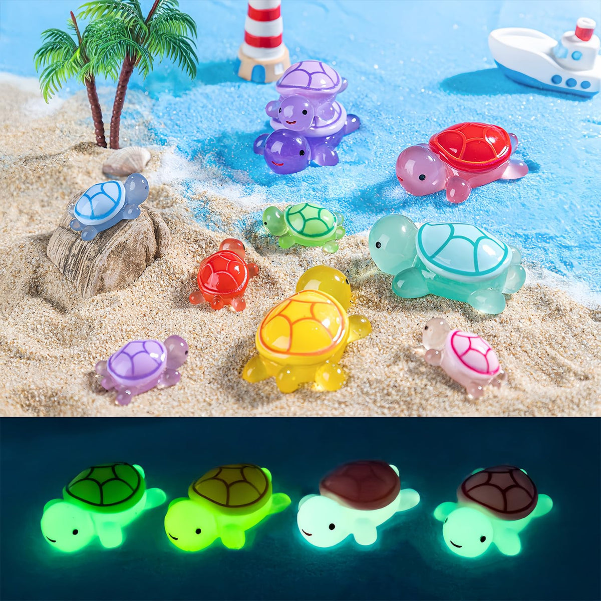 Auvitaya glow turtle collection showing bright colors and glow after daylight exposure.