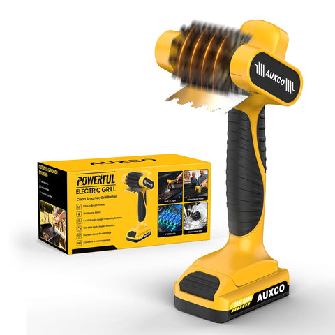 AUXCO 21V motor grill brush in action delivering fast burnt-on grease cleaning.