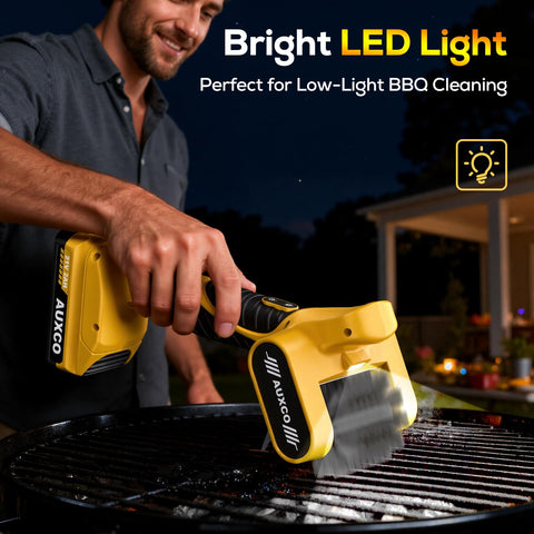 AUXCO grill brush used across gas, charcoal, pellet, flat-top, and cast-iron grills.