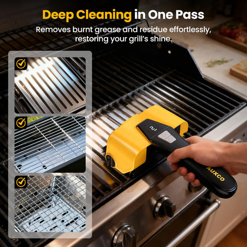 AUXCO grill brush showing 90 minute runtime on a full charge