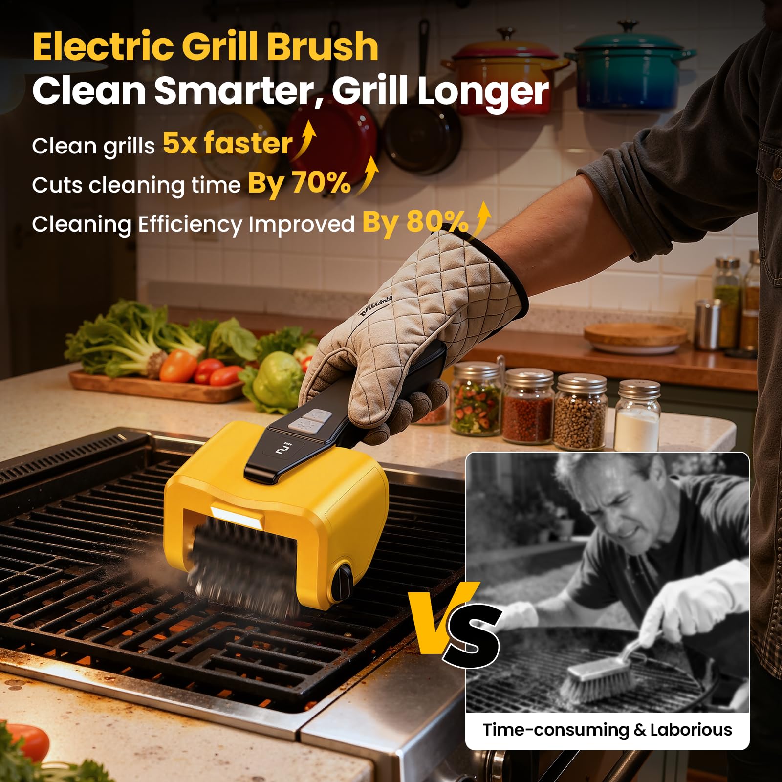 AUXCO grill brush LED light illuminating a dark grill grate