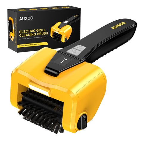 AUXCO grill brush with motor rotation delivering powerful cleaning on a grill surface