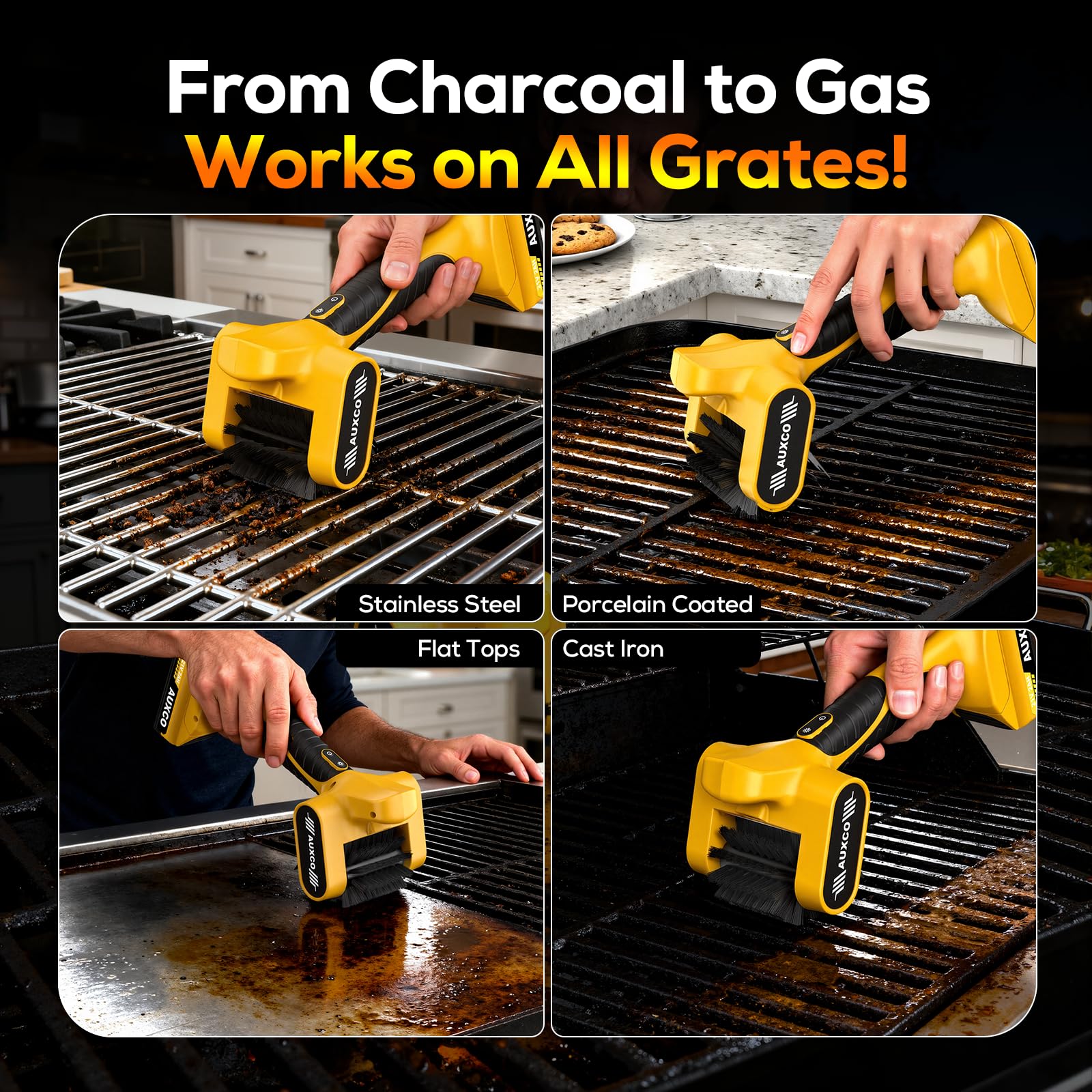 AUXCO compact cordless tool shown for portable backyard grilling maintenance.