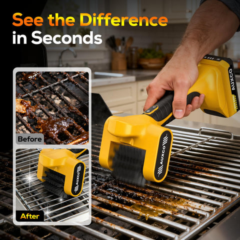 AUXCO stainless steel bristles removing stubborn residue between grates for grills.