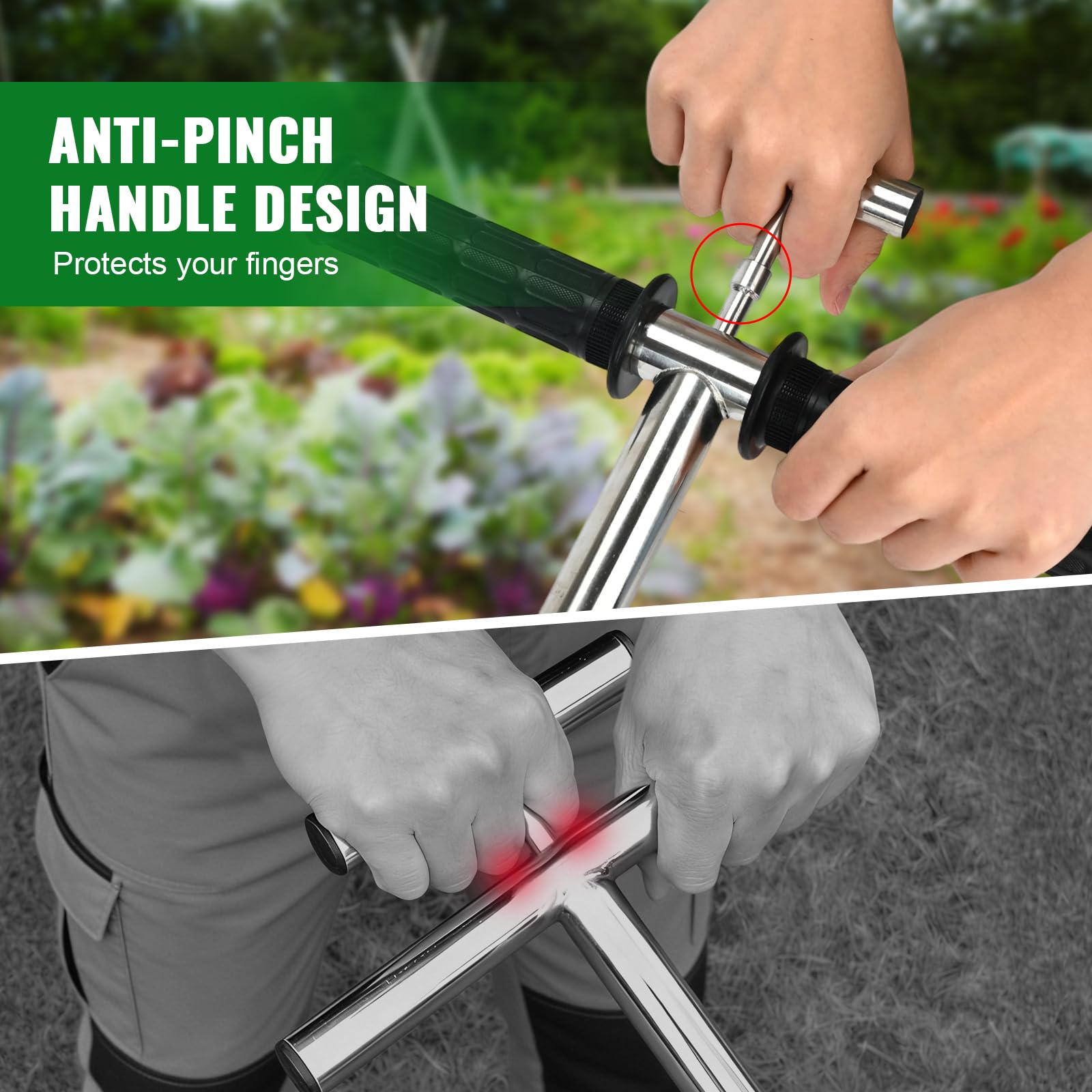 AUZEKER anti-pinch handle guard protects fingers while inspecting soil.