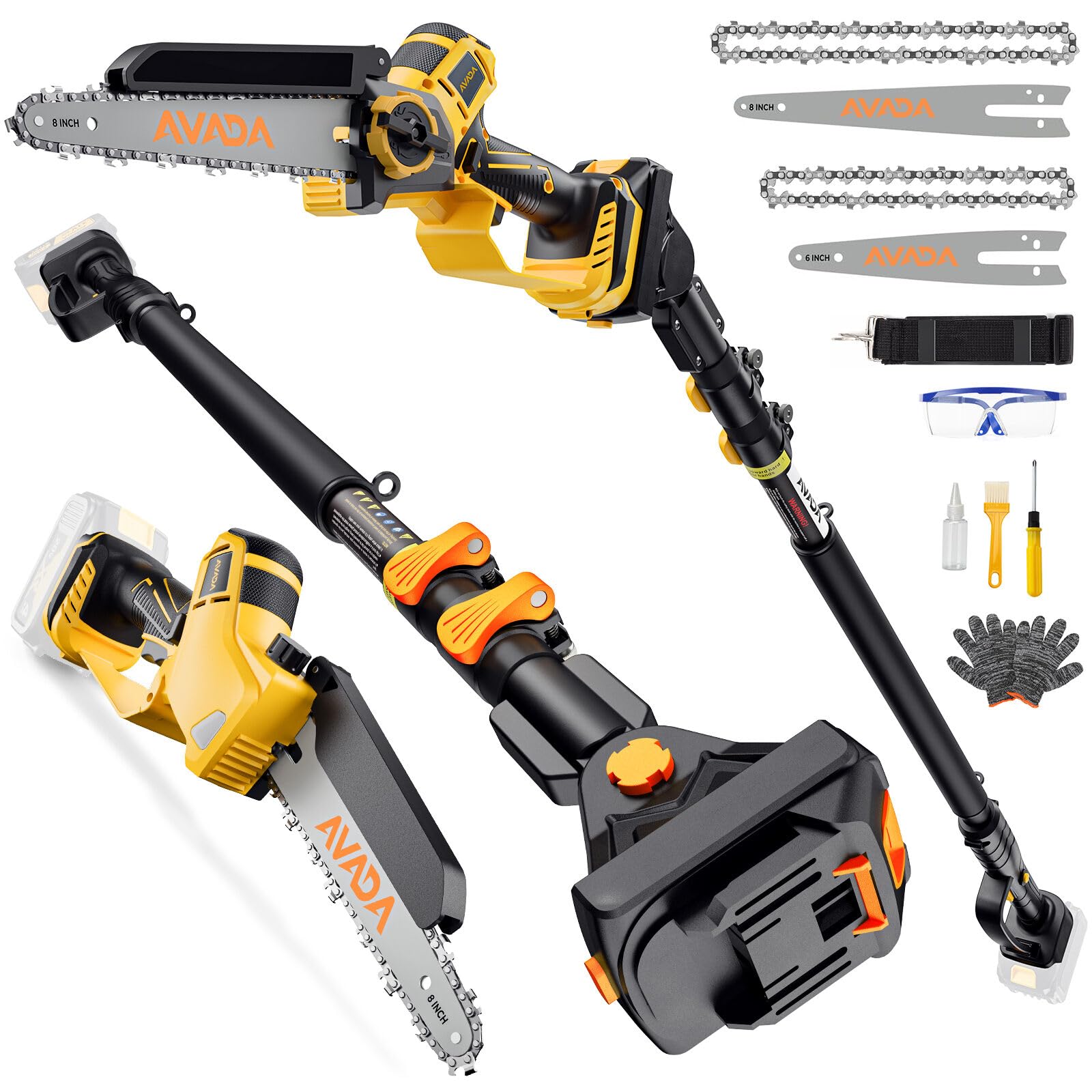 AVADA 2in1 pole saw with 8in and 6in blades for versatile pruning and quick task switching