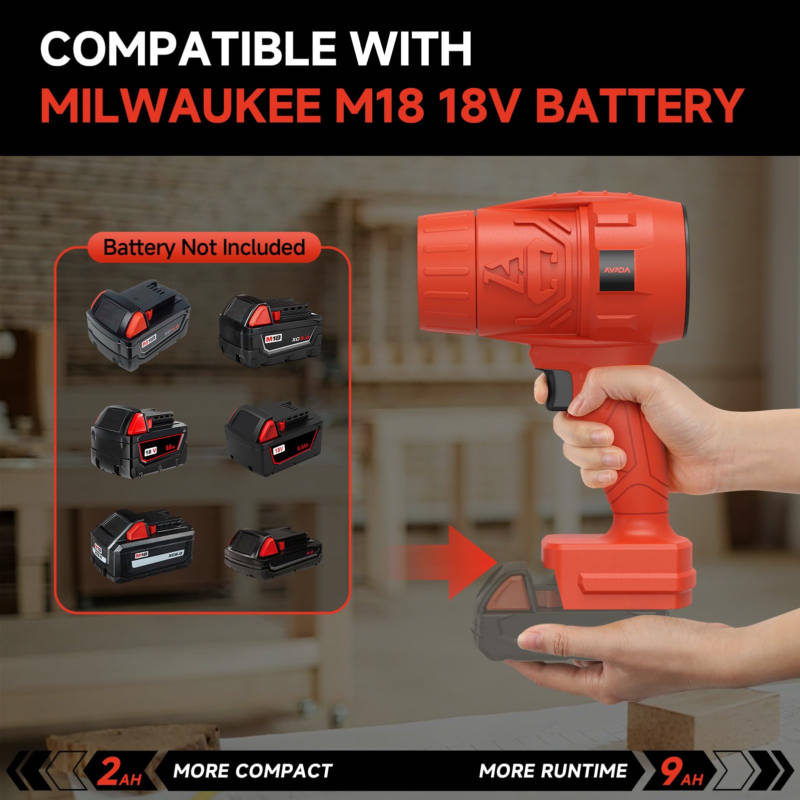 AVADA turbo-jet blower milwaukee-m18-compatible delivers fast airflow for drying surfaces and clearing debris.