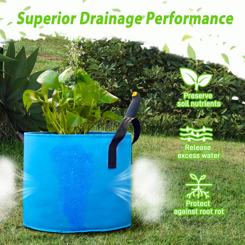 Avalution grow bags with reinforced handles for easy transport of heavy soil-filled bags.