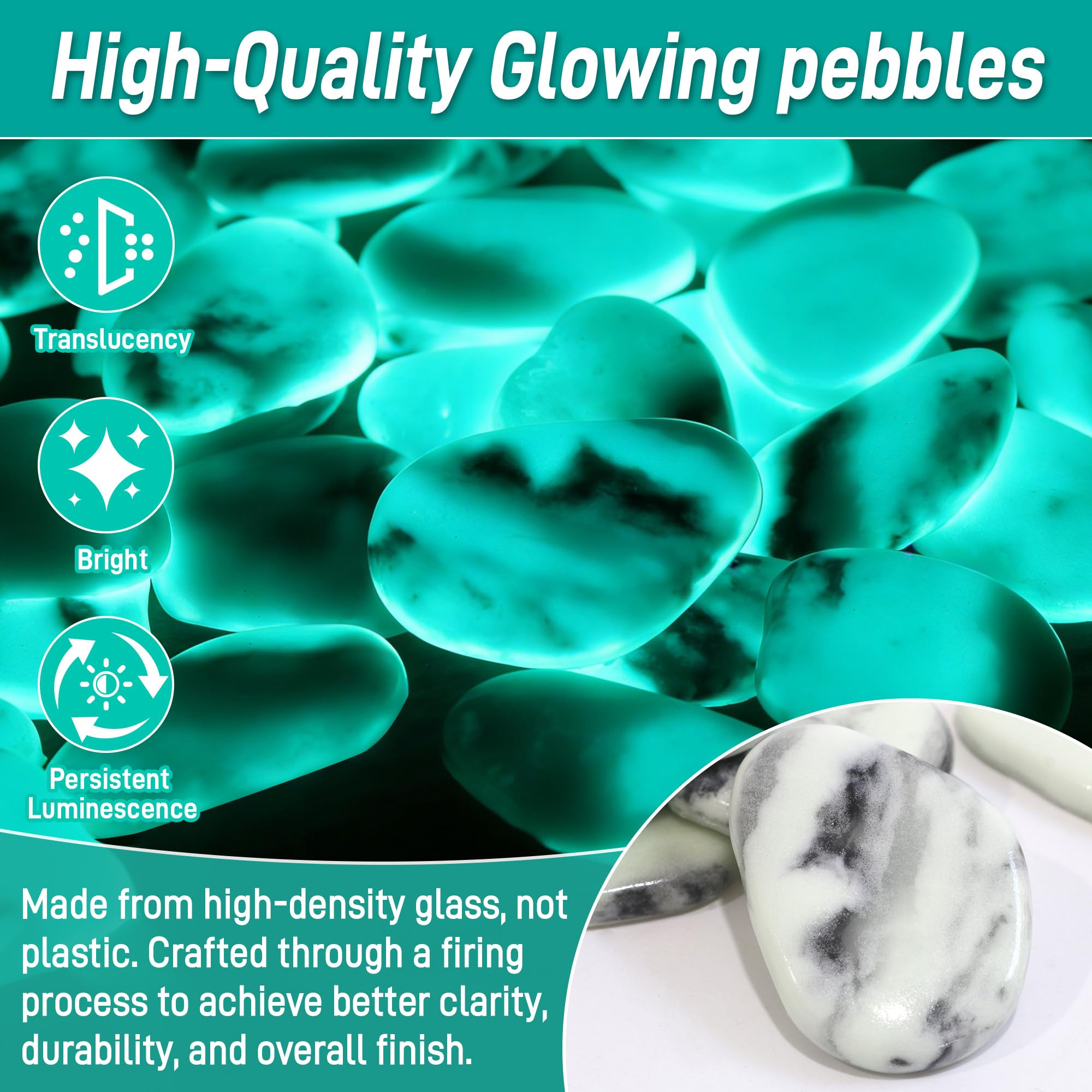 Avalution glass pebbles show natural stone look with luminous blue-green glow