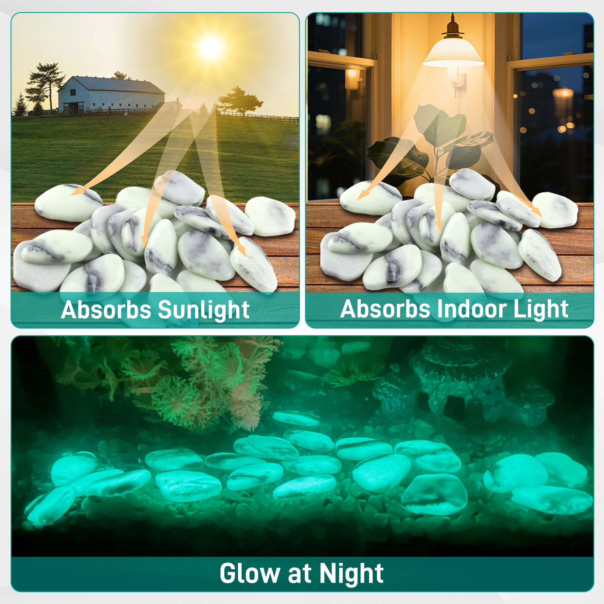 Avalution glow pebbles display steady glow after light exposure