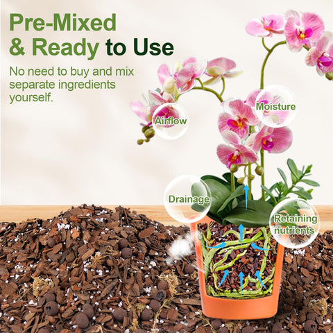 Avalution Orchid Bark Potting Mix closeup reveals bark chunks for airy structure