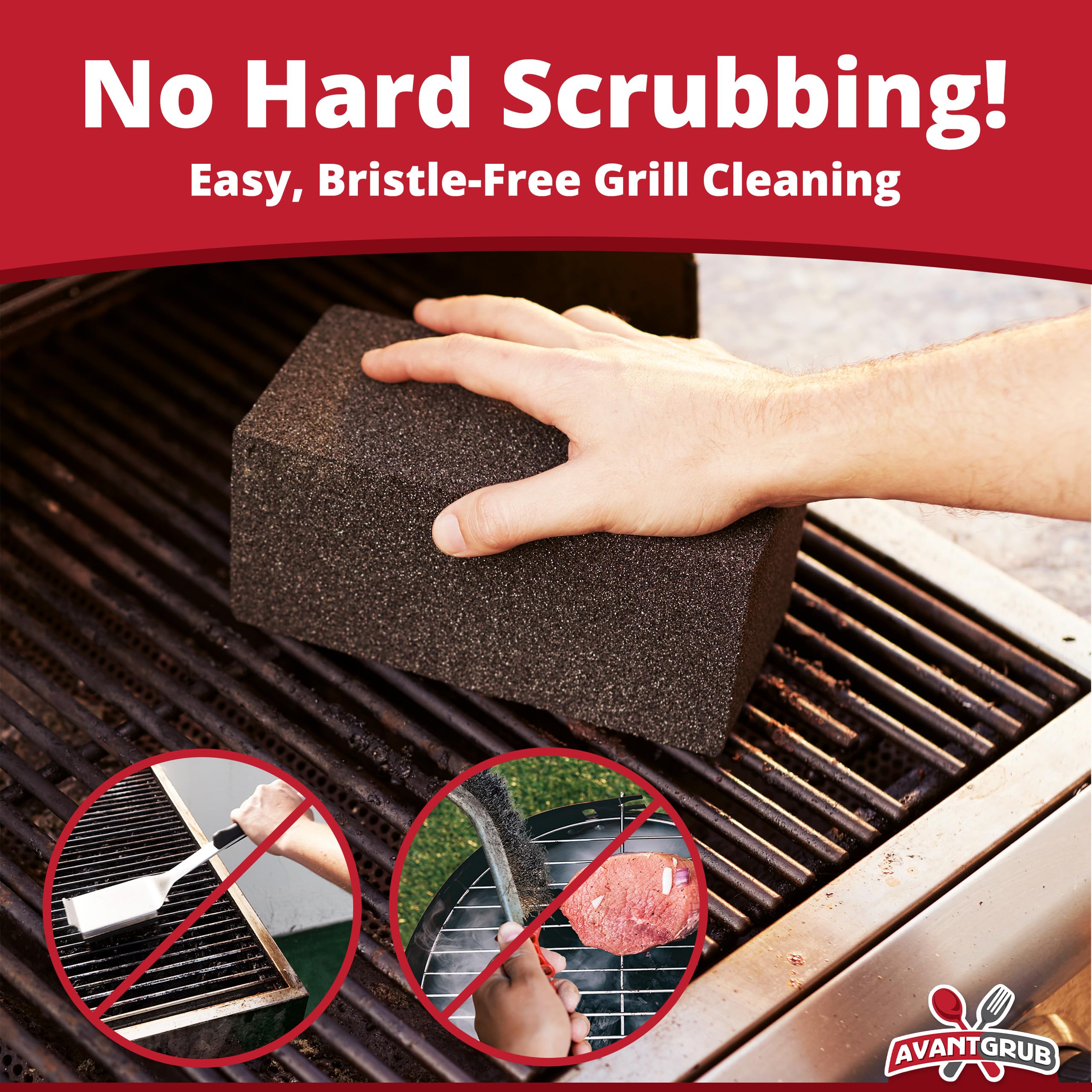 Avant Grub flat-top grill cleaning in use with pumice brick for residue removal