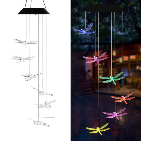 AVEKI dragonfly wind chime color-changing LEDs glow softly for outdoor ambience.