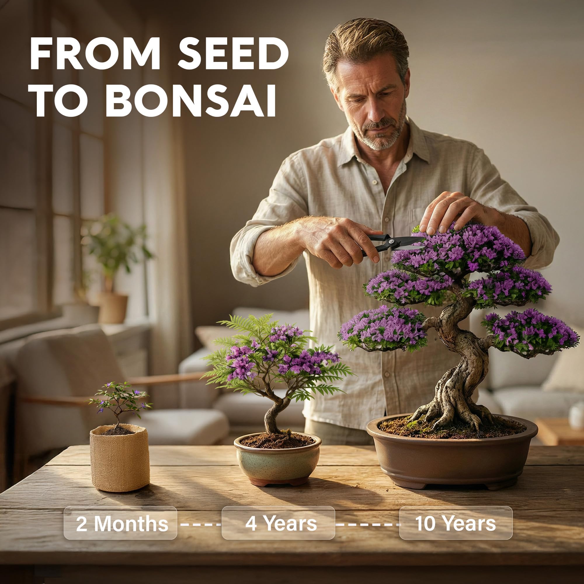 Avergo bonsai tools and planters shown for confident indoor gardening.