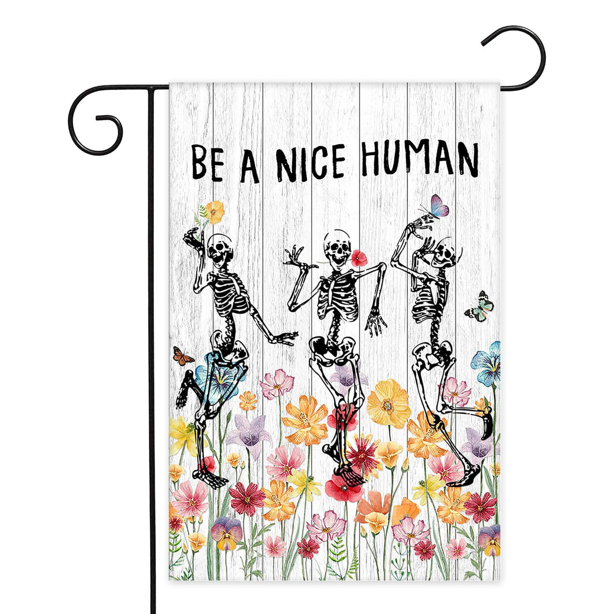 Avezano Be A Nice Human garden flag with skeleton skull and wildflowers, weather-resistant outdoor decor.