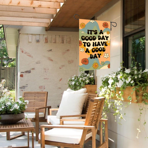 Garden-ready display with Avezano Groovy Floral Flag in a sunny yard