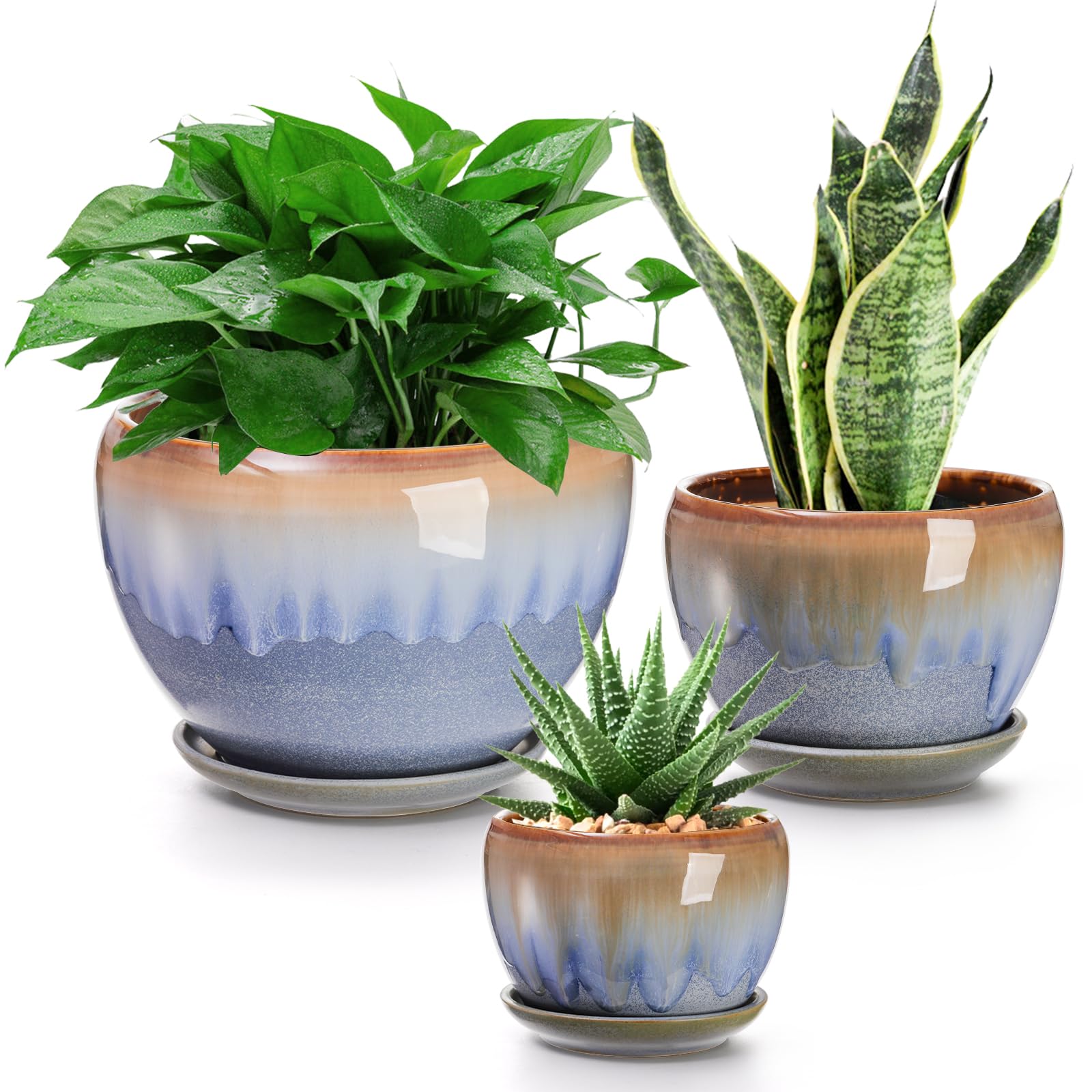AVLA 3-pack ceramic plant pots with drip glaze in varied sizes for versatile planting.