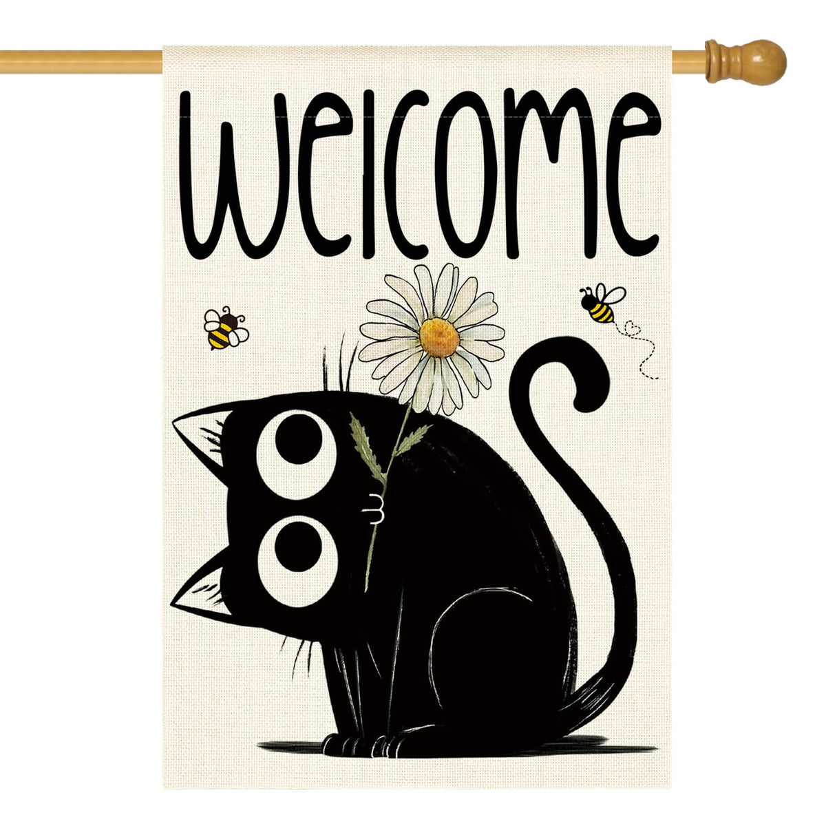 AVOIN colorlife Black Cat flag with seasonal daisies welcomes guests outdoors.