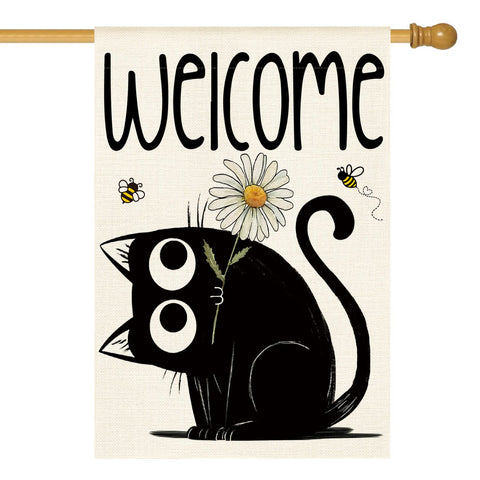 AVOIN colorlife Black Cat flag with seasonal daisies welcomes guests outdoors.